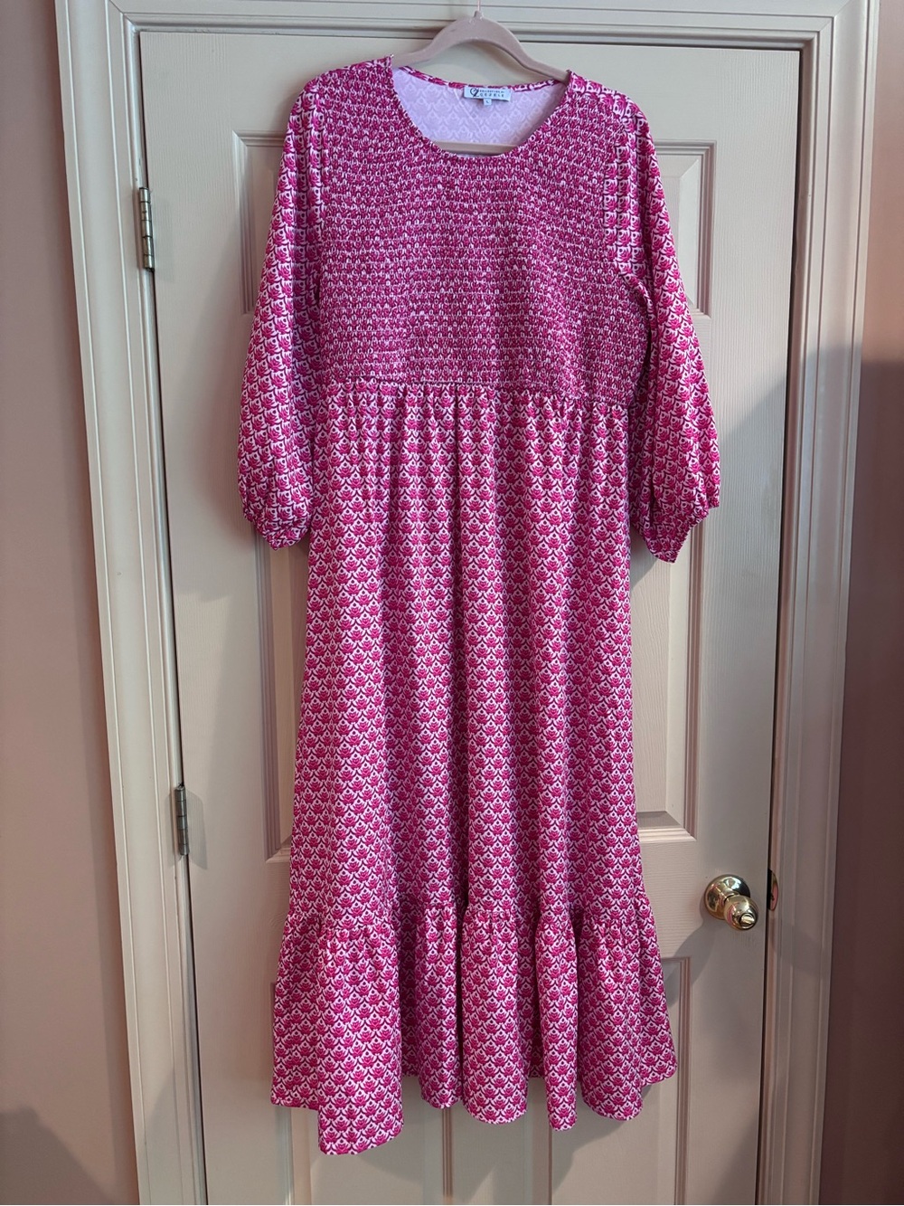Women’s Cezele Pink Patterned Smocked Waist Long Sleeve Casual Dress NWOT